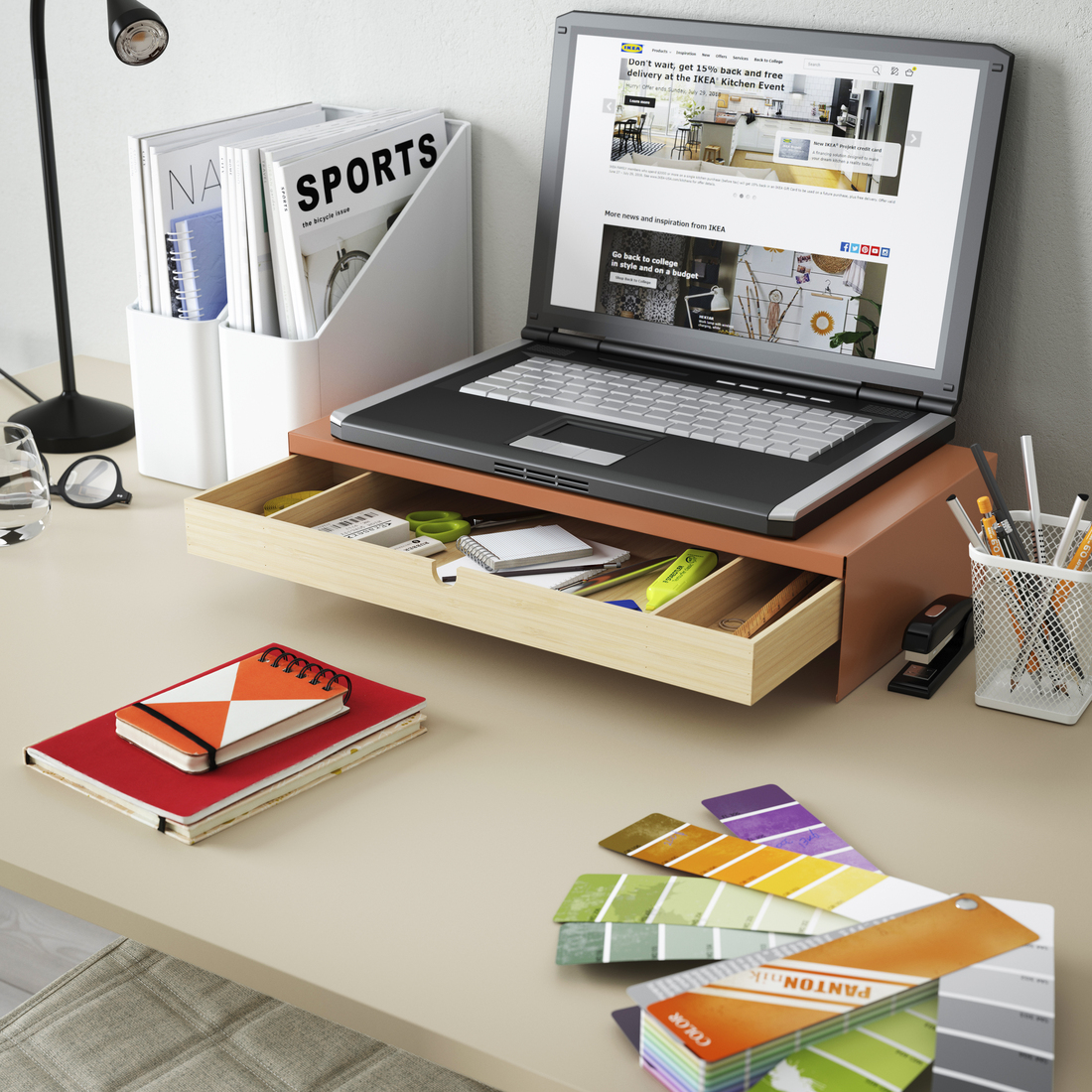 ELLOVEN, monitor stand with drawer. 3 of 5 open dialog
