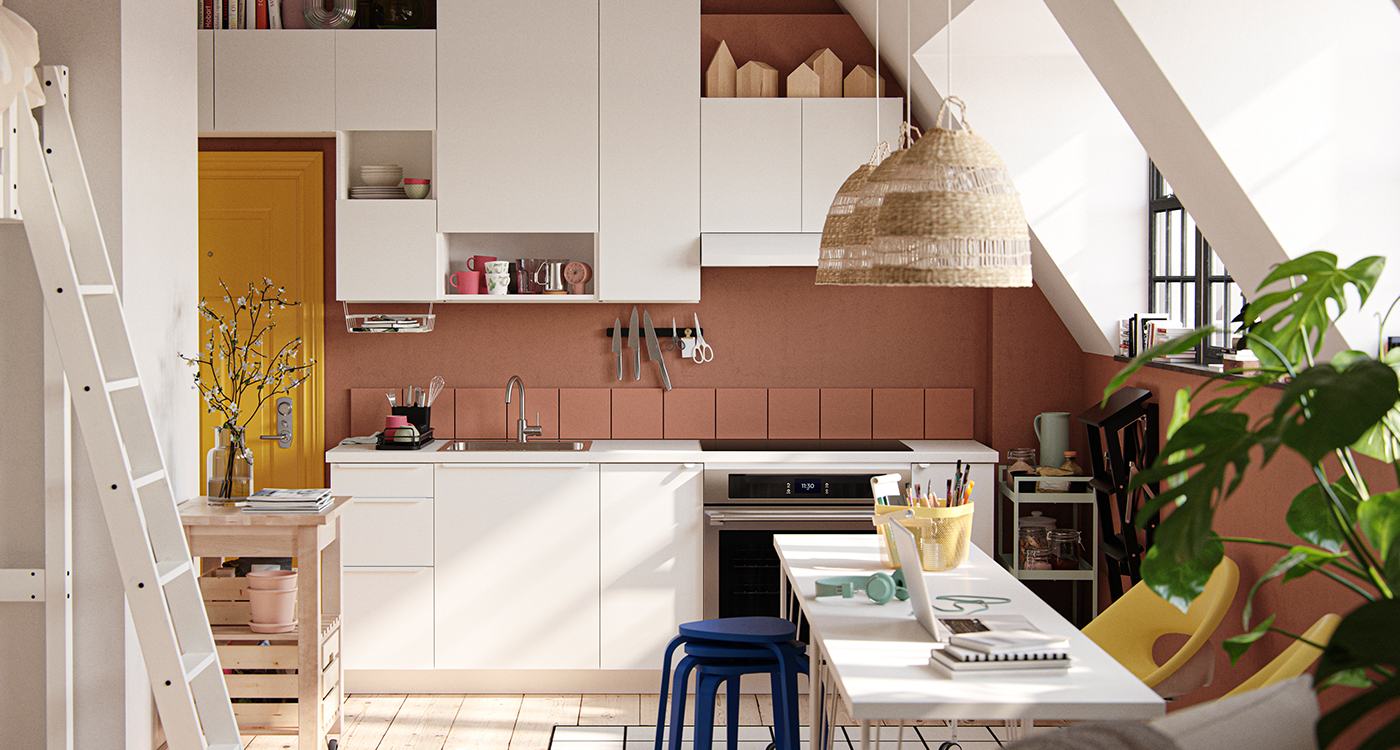 Kitchen with VALLSTENA kitchen fronts, a BEKVÄM kitchen cart in front, and KYRRE stools
