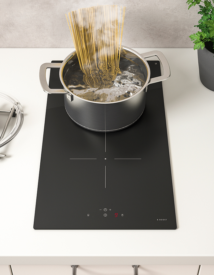 Noodles boiling in a HEMKOMST pot on a VALBILDAD induction cooktop