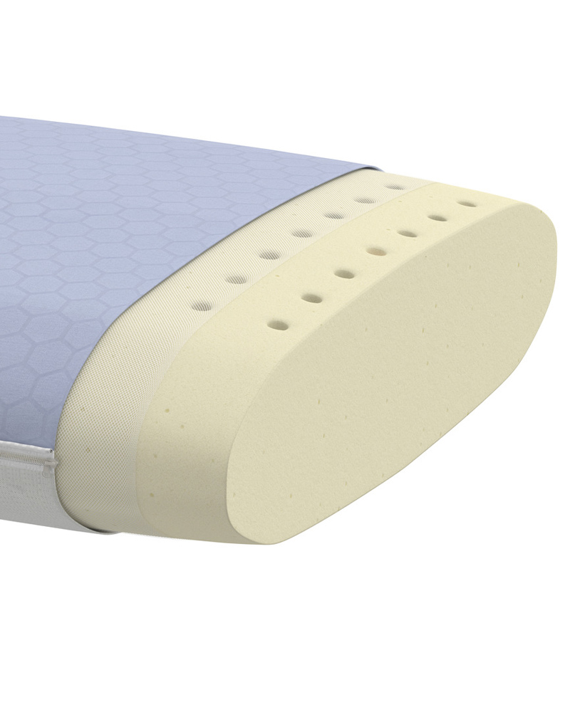 Una sección transversal de una almohada ergonómica KVARNVEN para quienes duermen boca abajo que muestra los orificios de ventilación en el centro de espuma viscoelástica.