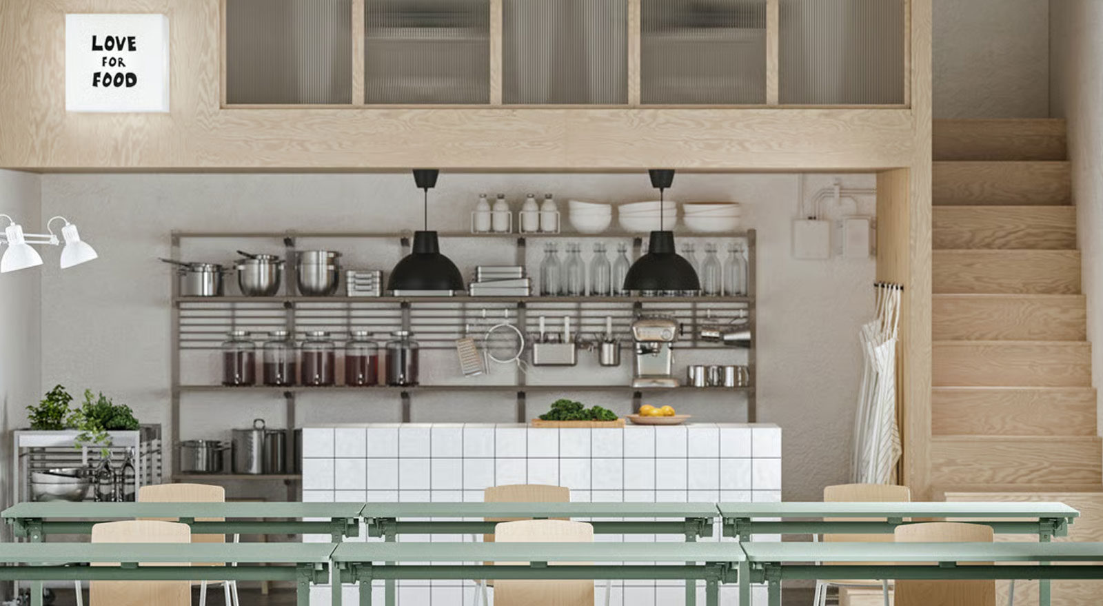 A workspace with event furniture, including green MITTZON foldable tables, LÄKTARE conference chairs, and open shelving.