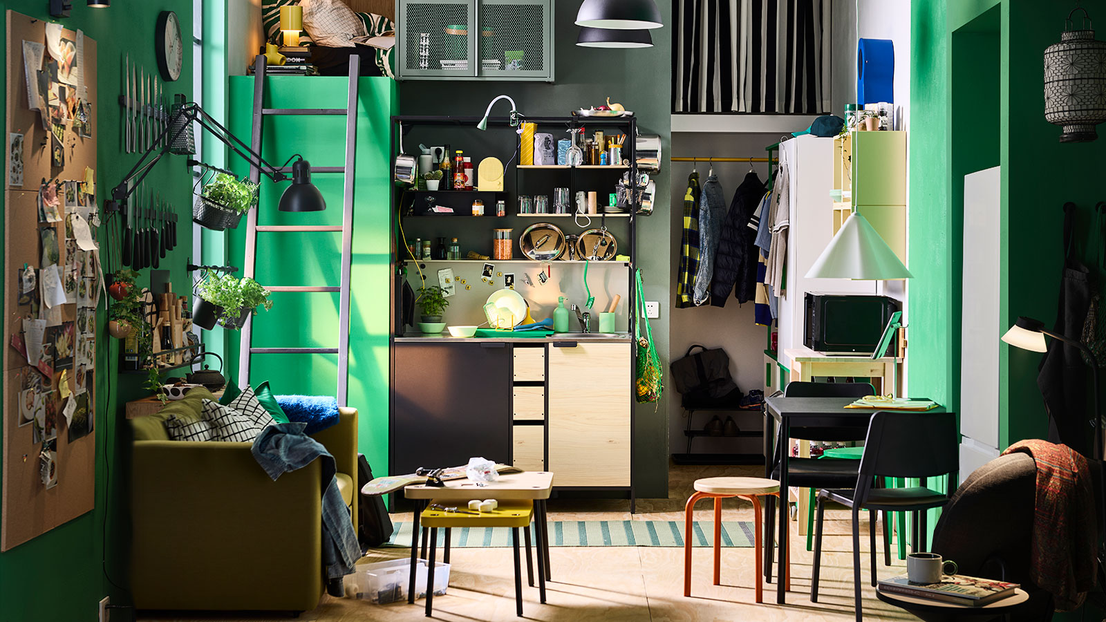 Compact ÄSPINGE kitchenette in black/ash in modern student college accommodation.