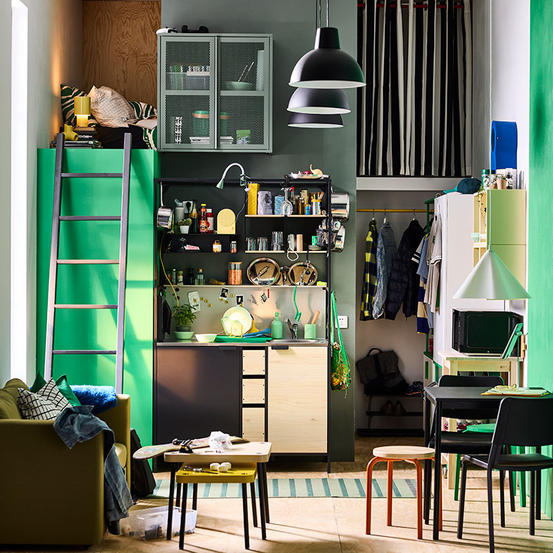 Compact ÄSPINGE kitchenette in black/ash in modern student college accommodation.