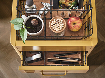 Open chest of drawers with wheels, golden brown
