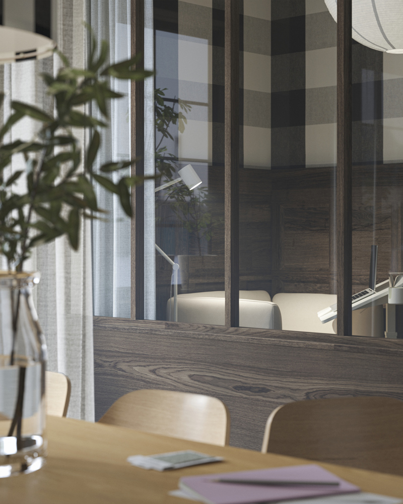 Una oficina renovada con una sala de chat, una mesa para portátil MITTZON blanca y un sillón LILLEHEM beige.