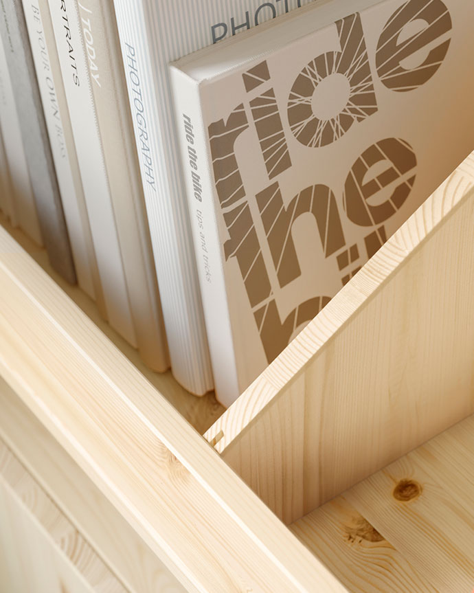 Detalle de libros y revistas en una estantería de madera.
