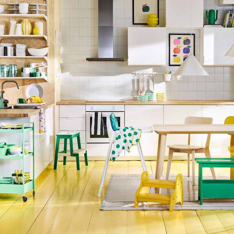 Scandinavian modern kitchen with white  ANTILOP highchair, NISSAFORS trolley and  LISABO table and chair