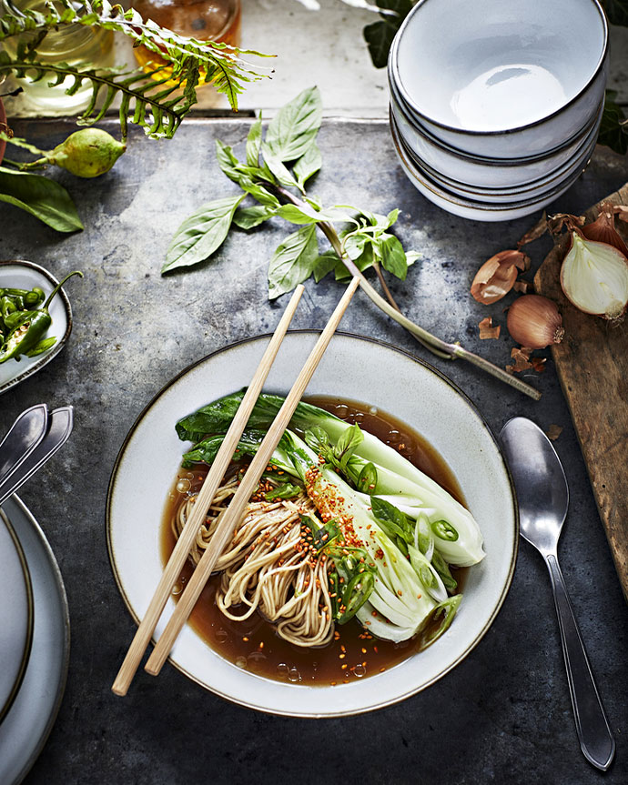 Noodle soup with bok choy and spices in rustic bowl.