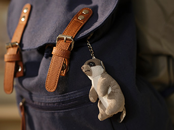 A beige SANDLÖPARE mini meerkat hangs as a mascot on a blue backpack with brown straps.