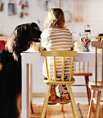 Back view of a young child sitting on a yellow high chair with a dark dog standing next to her in a sunny kitchen.