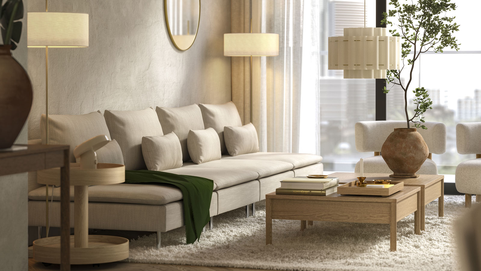 Amplia sala de espera de una oficina moderna y creativa, al fondo se ve una mesa de reuniones con alguien exponiendo, el lugar parece espacioso, luminoso y elegante.