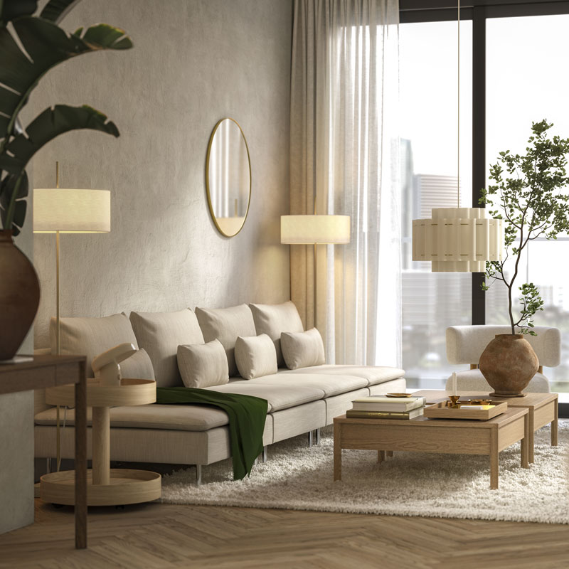 Amplia sala de espera de una oficina moderna y creativa, al fondo se ve una mesa de reuniones con alguien exponiendo, el lugar parece espacioso, luminoso y elegante.