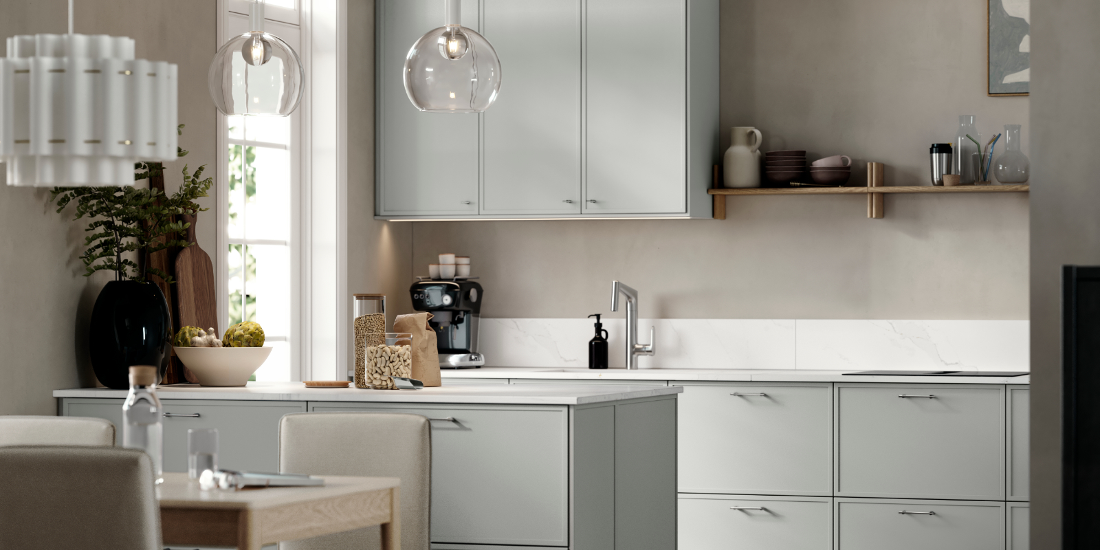 A modern kitchen featuring light-grey ASPUDDEN kitchen fronts, dark beige walls, wooden floors, and a white kitchen worktop.
