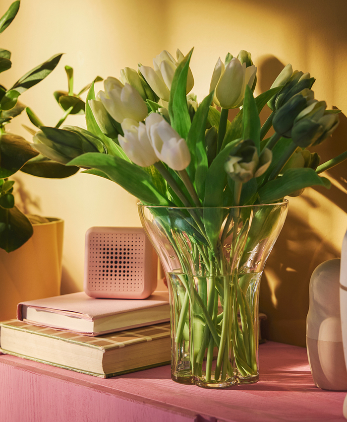 Glass vase with white tulips inside on a chest of drawers