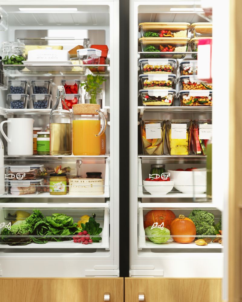 Los estantes de un refrigerador están llenos de cajas de almacenamiento para refrigerador KLIPPKAKTUS y recipientes para alimentos IKEA 365+.