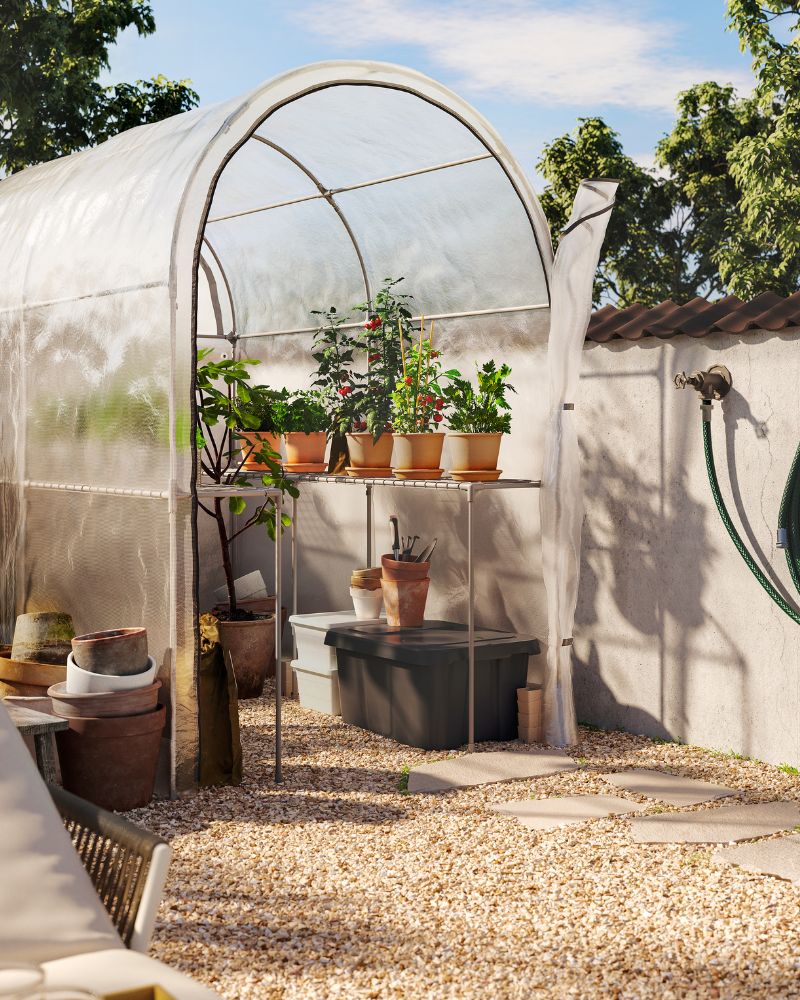 A transparent white ASPAREN greenhouse with rounded edges is in a sunny garden. Inside are herb filled terracotta pots.