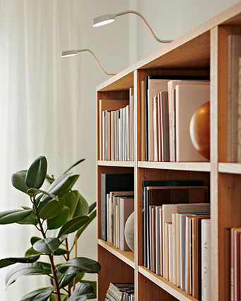 Light wood bookshelf filled with books, illuminated by two flexible clip-on lamps. A green plant adds a natural touch to the reading corner.