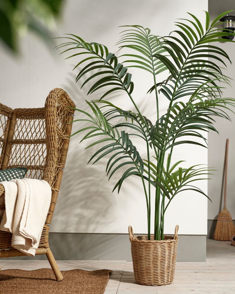 Terraza, cálida y natural con maceta FLODBJÖRK, sillón RISHOLMEN, manta HUMLEMOTT, cojines TOFTÖ, alfombra STRÖG y planta FEJKA.