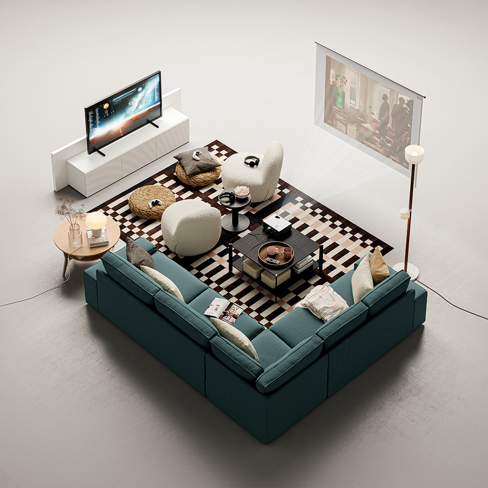 Un sofá esquinero KIVIK con muchos cojines adicionales está colocado cerca de una mesa de centro JÄTTESTA y un mueble de TV BESTÅ blanco.