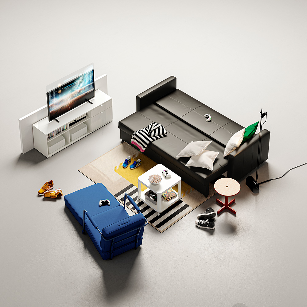 Un sofá cama FRIHETEN de 3 plazas, configurado como cama, está situado frente a un mueble de TV VIHALS, cerca de un sillón gamer BRÄNNBOLL.