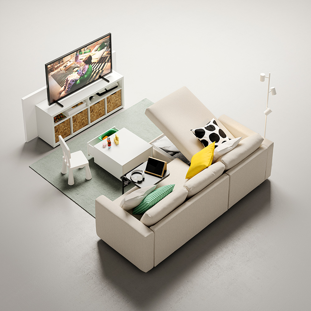 Un sofá VIMLE de 3 plazas con chaise longue y una caja de almacenamiento SLÄKT con ruedas están colocados frente a un televisor sobre un mueble de TV KALLAX.
