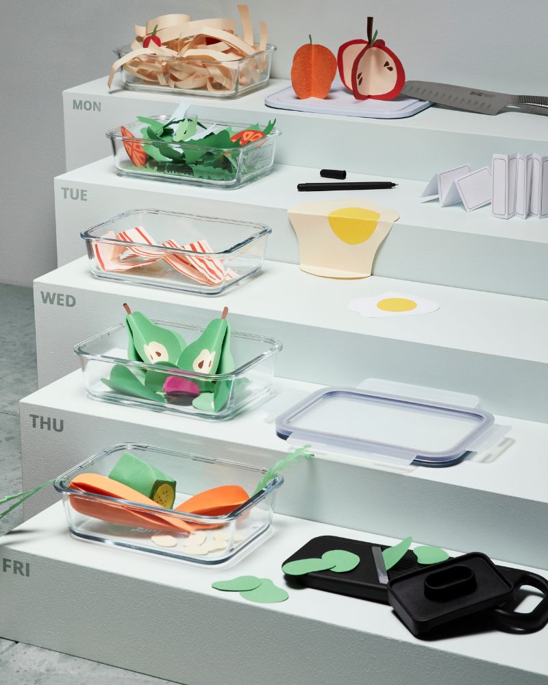 display of food containers with food inside