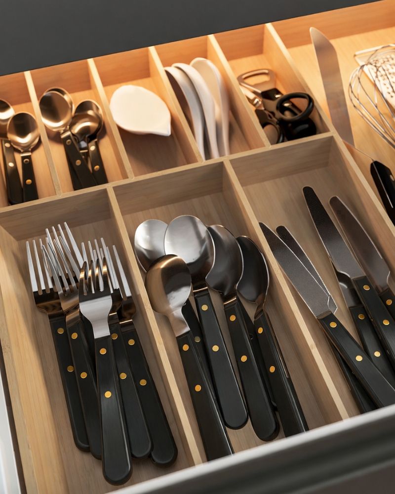 Organized kitchen drawer with IKEA UPPDATERA cutlery tray and DOFTSKÖLD cutlery sets neatly arranged.