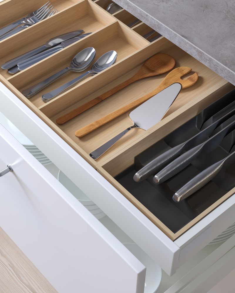 Cajón de cocina moderno con bandeja UPPDATERA con soporte para cuchillos, cubertería DRAGON, cubiertos GRÖNSAKER y cuchillos IKEA 365+.