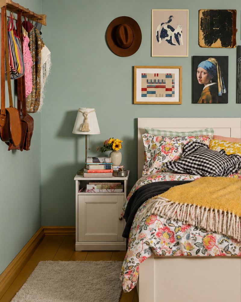 Dormitorio encantador con FÅGELFJÄLLET base de cama y mesita, DAGGSALVIA funda nórdica, ÅRSTID lámpara y HUMLEMOTT manta.