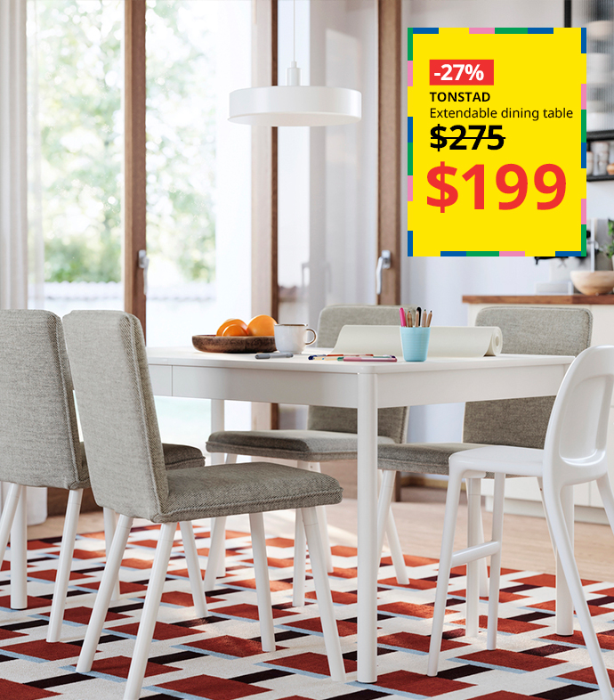 White TONSTAD extendable table with chairs and promotional offer.