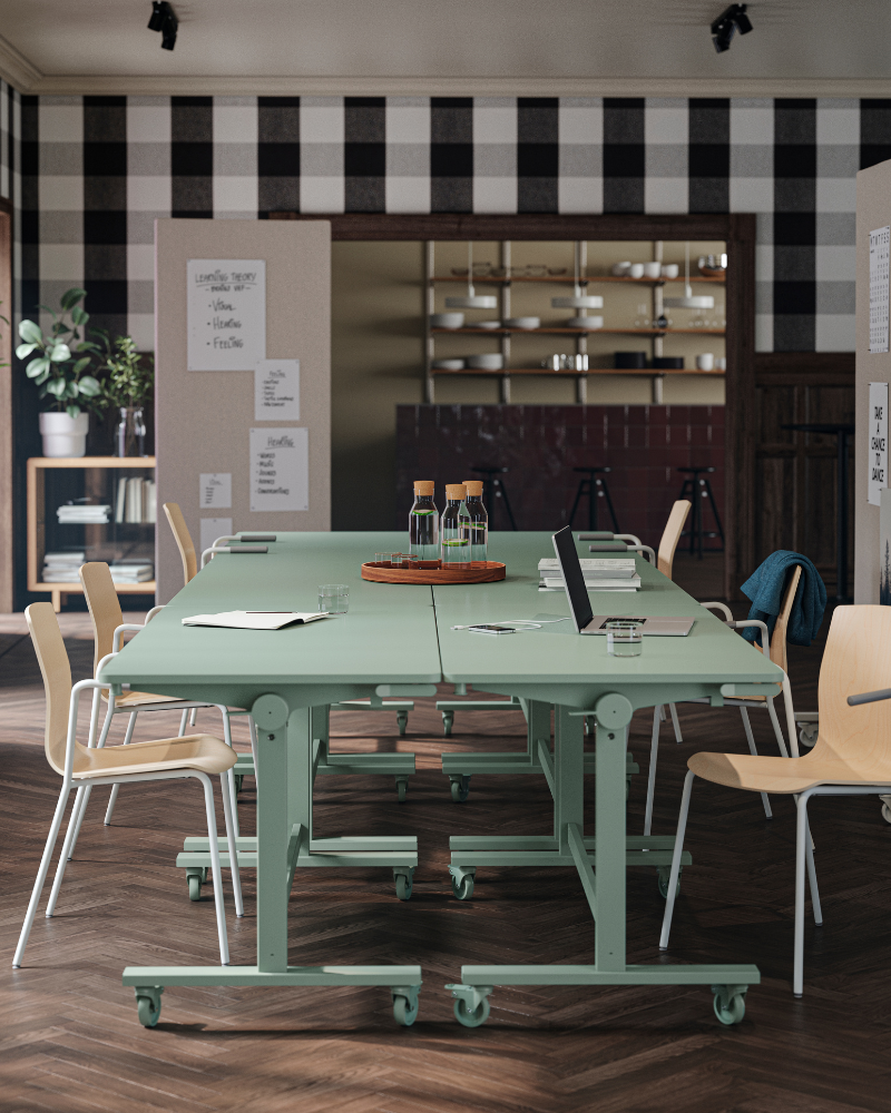 Collaborative workspace with MITTZON folding table, LÄKTARE chairs and MITTZON acoustic screen.