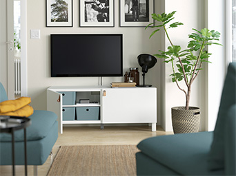 Living room with a white TV unit, framed wall art, and a potted plant.