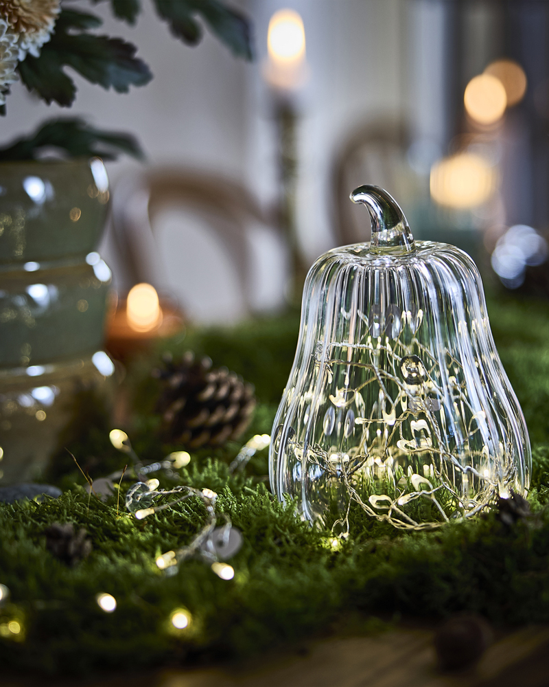 Una campana de cristal con forma de calabaza de la colección HÖSTAGILLE, que contiene una guirnalda de luces, descansa sobre musgo en una mesa con temática forestal.