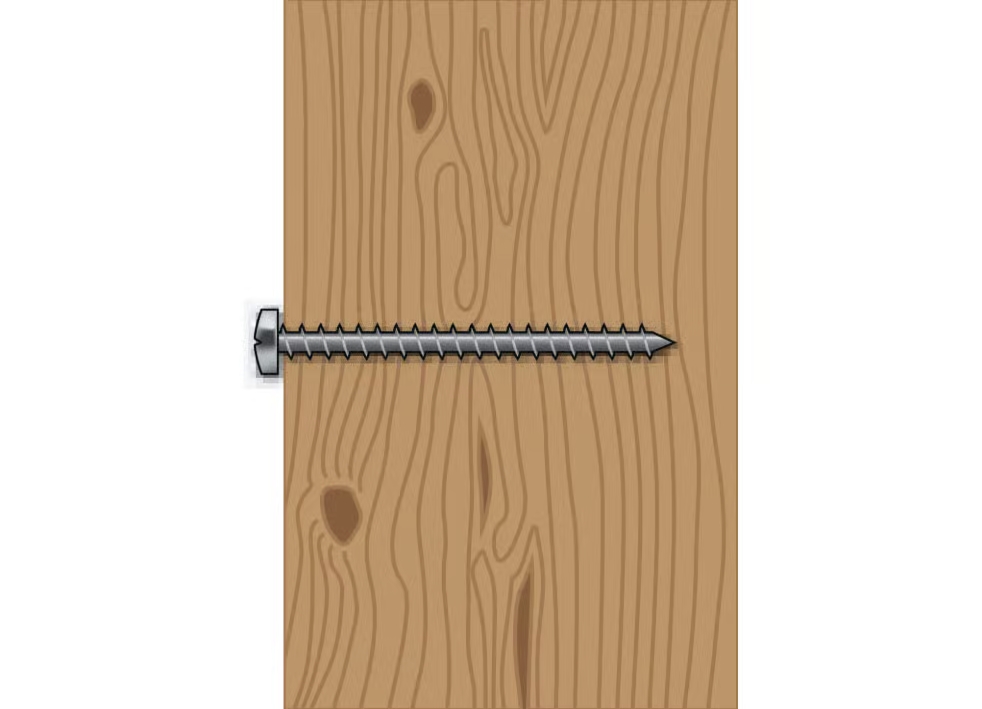 Tornillo colocado directamente en la madera para una sujeción fuerte y estable.