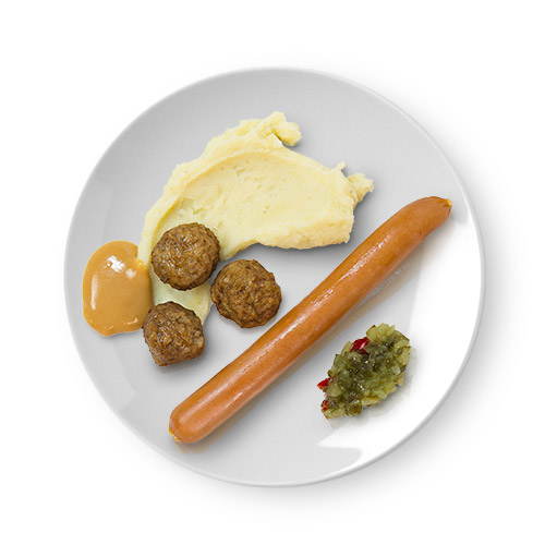 Albóndigas + puré de patata + salchicha